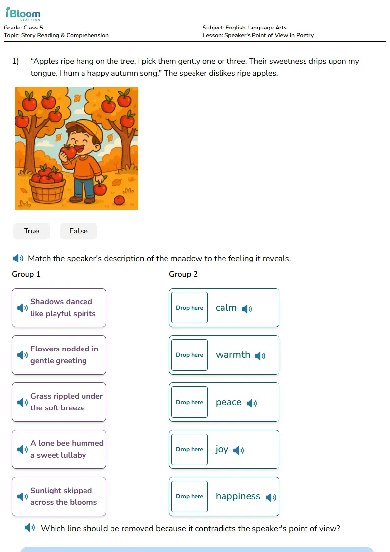 Free Speaker's Point of View in Poetry Worksheets for Class 5 | iBloom