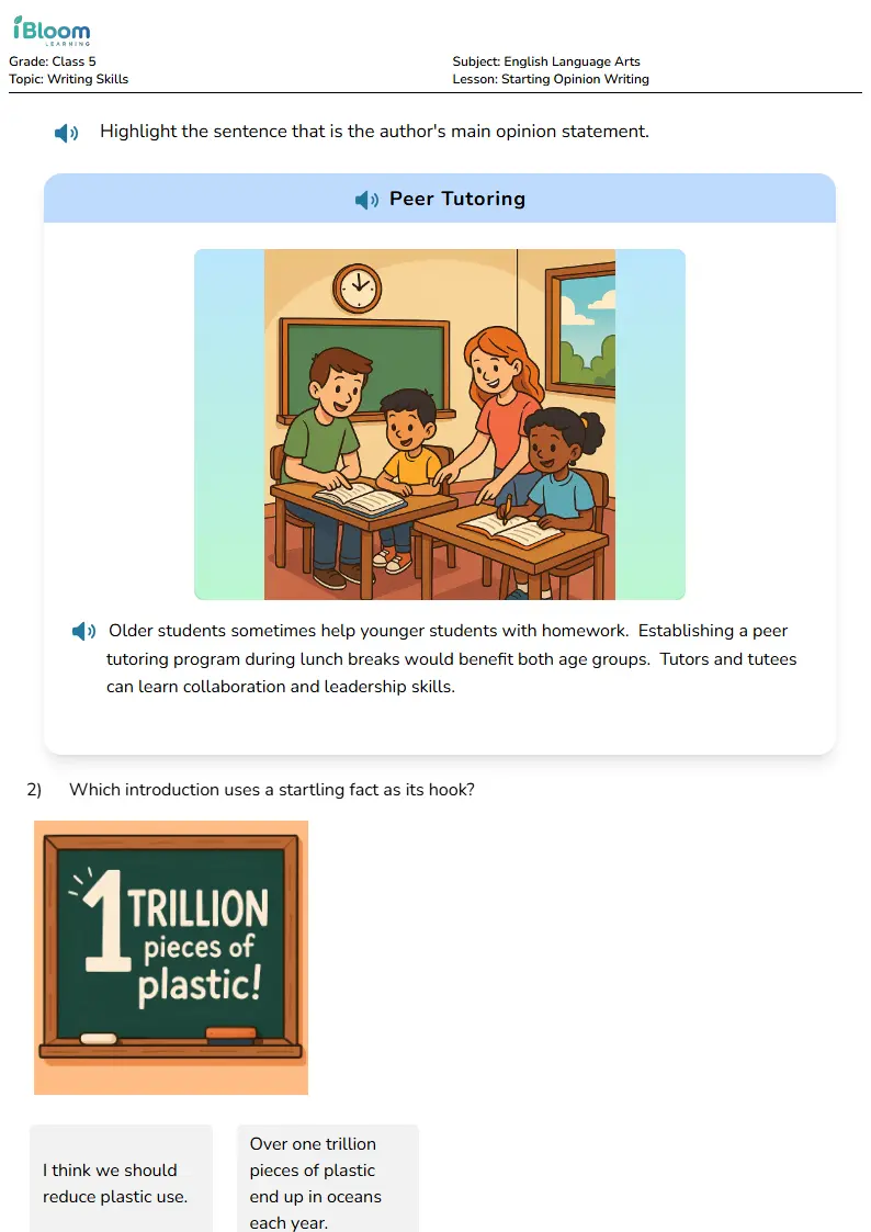 Free Starting Opinion Writing Worksheets for Class 5 | iBloom