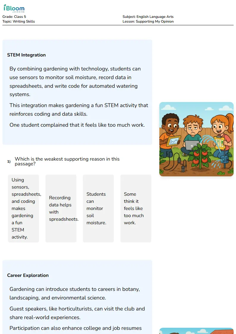 Supporting an Opinion Worksheet for Class 5