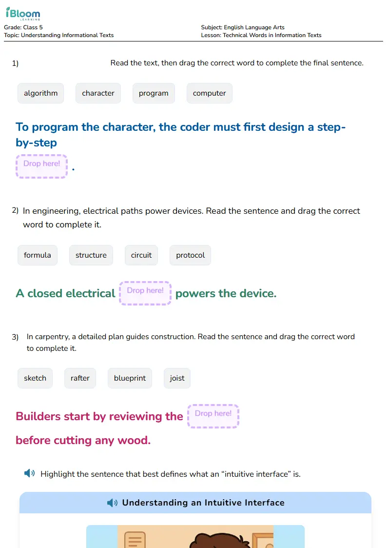 Free Technical Words in Information Texts Worksheets for Class 5 | iBloom