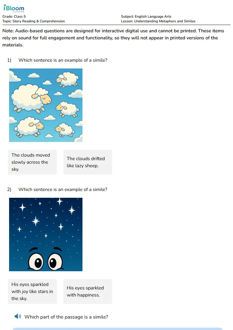 Free Understanding Metaphors and Similes Worksheets for Class 5 | iBloom