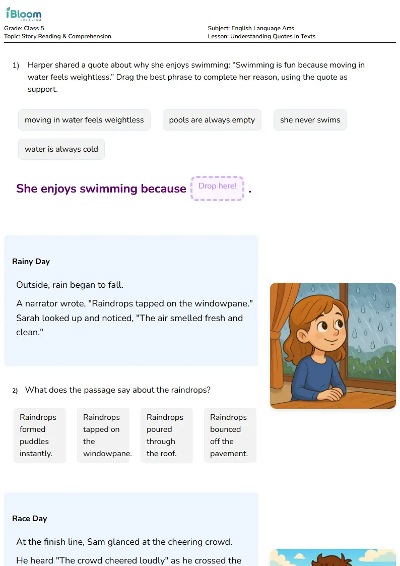 Free Understanding Quotes in Texts Worksheets for Class 5 | iBloom