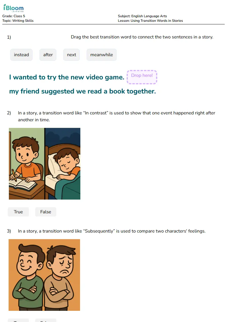 Free Using Transition Words in Stories Worksheets for Class 5 | iBloom