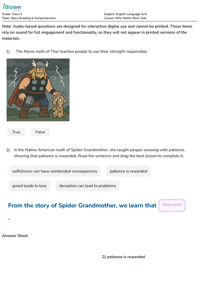 Free Why Myths Were Told Worksheets for Class 5 | iBloom