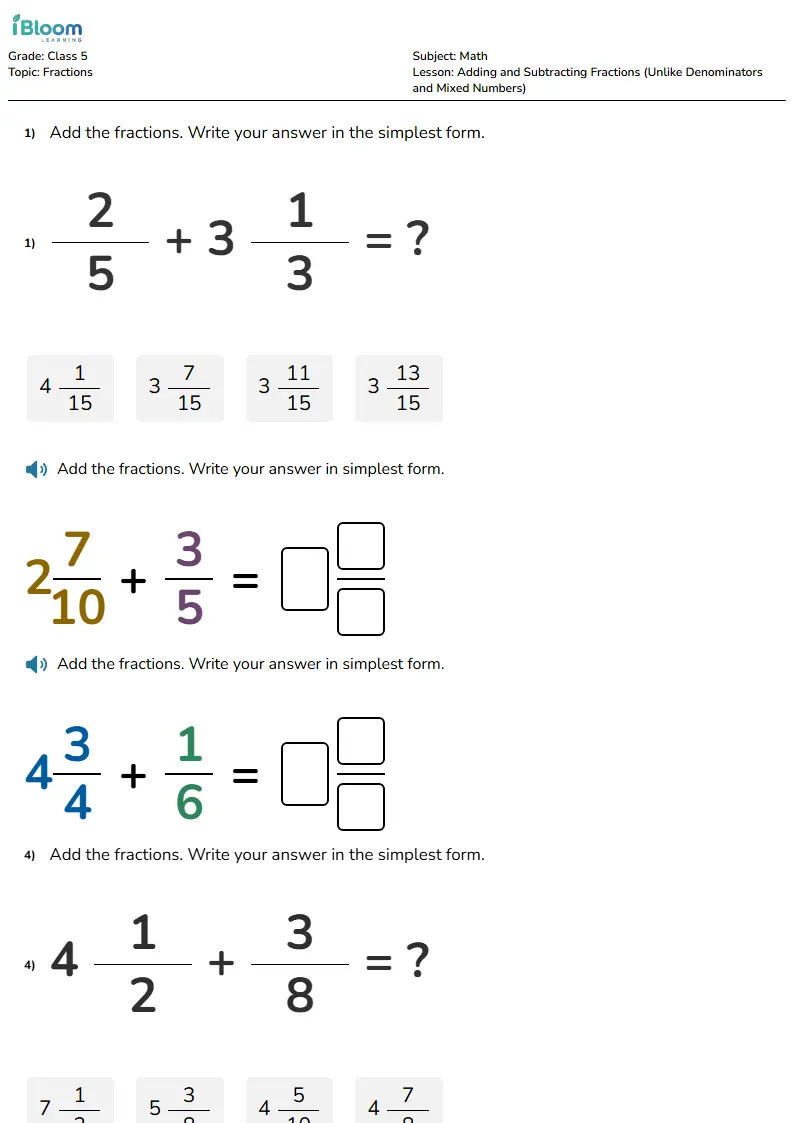 Free Adding and Subtracting Fractions (Unlike Denominators and Mixed Numbers) Worksheets for Class 5 | iBloom
