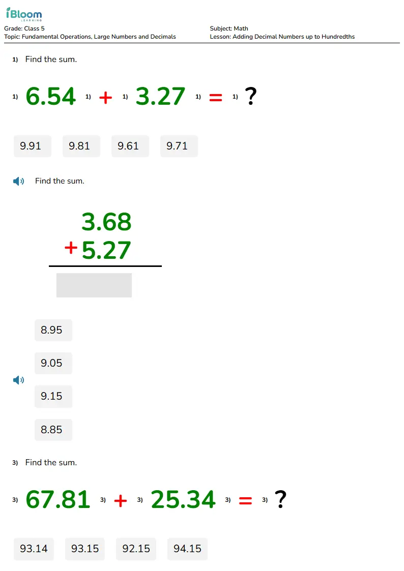 Free Adding Decimal Numbers up to Hundredths Worksheets for Class 5 | iBloom