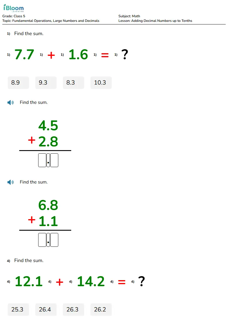 Free Adding Decimal Numbers up to Tenths Worksheets for Class 5 | iBloom
