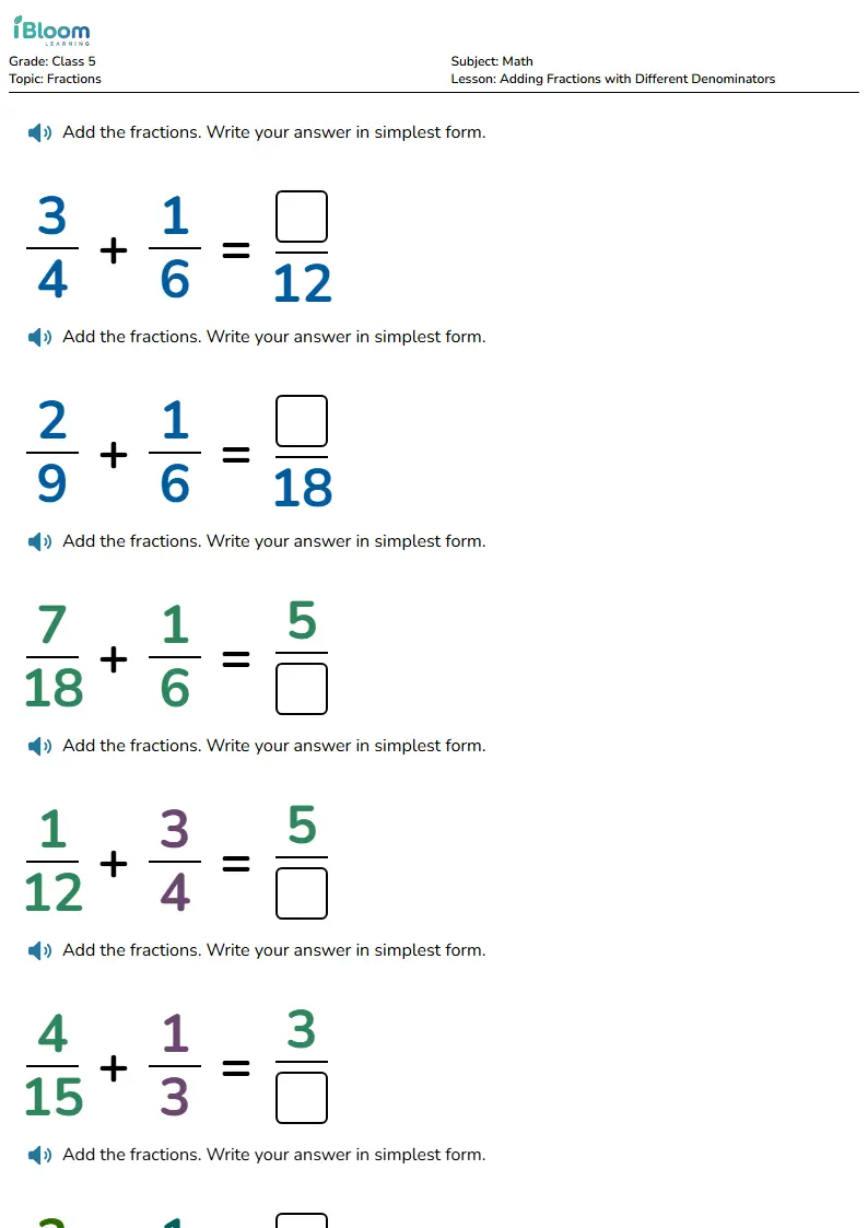 Free Adding Fractions with Different Denominators Worksheets for Class 5 | iBloom