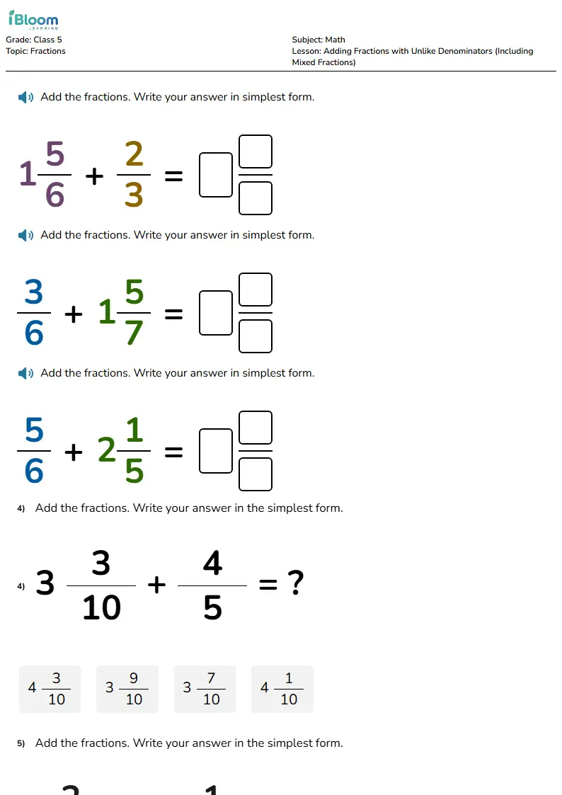 Free Adding Fractions with Unlike Denominators (Including Mixed Fractions) Worksheets for Class 5 | iBloom