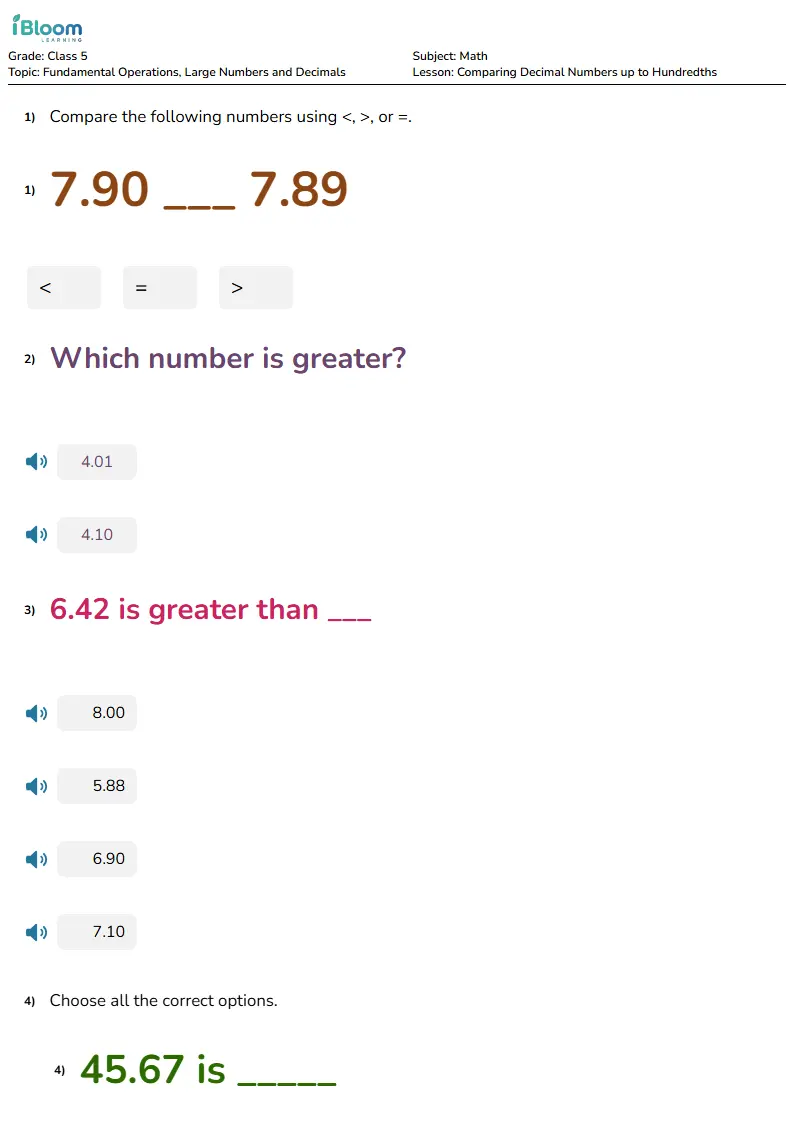 Free Comparing Decimal Numbers up to Hundredths Worksheets for Class 5 | iBloom