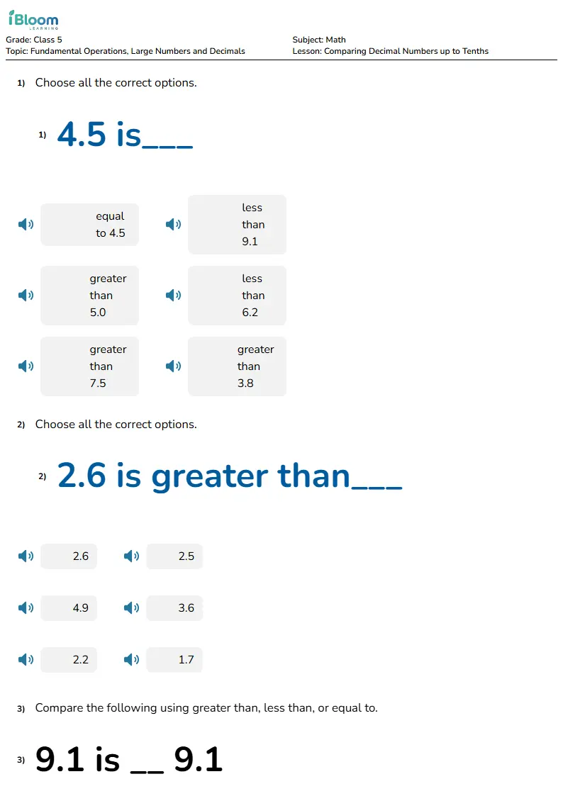 Free Comparing Decimal Numbers up to Tenths Worksheets for Class 5 | iBloom