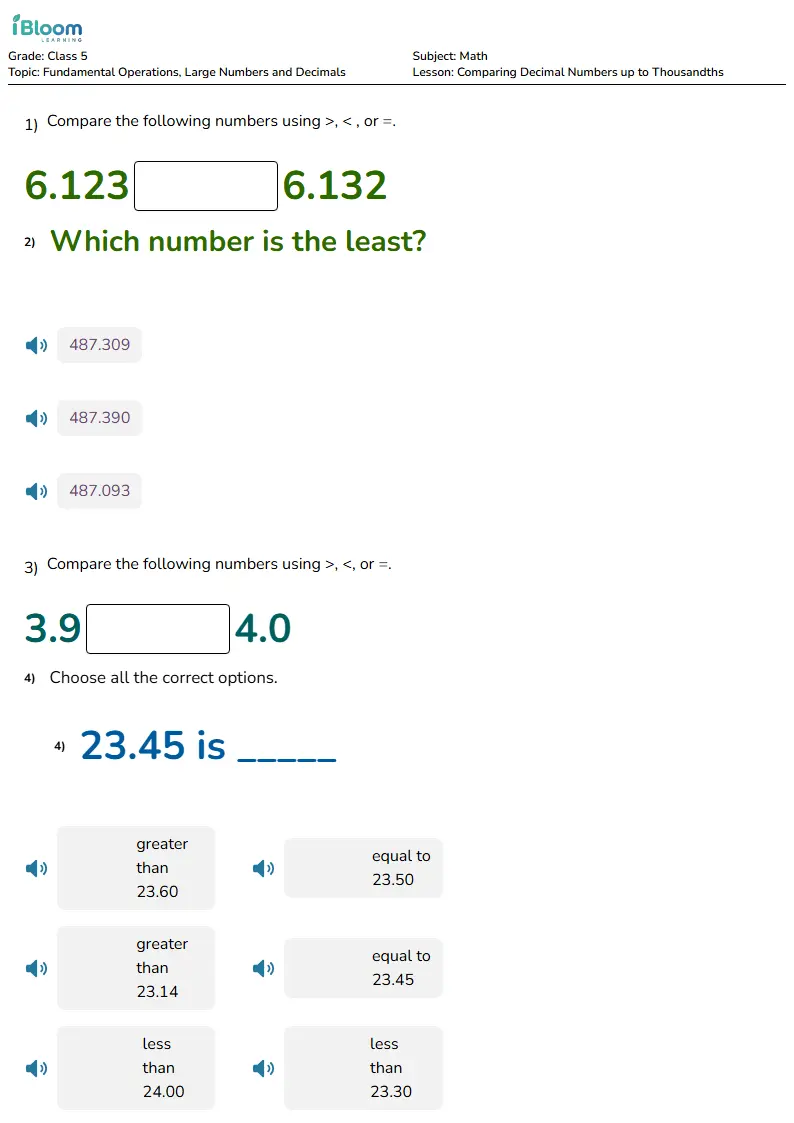 Free Comparing Decimal Numbers up to Thousandths Worksheets for Class 5 | iBloom