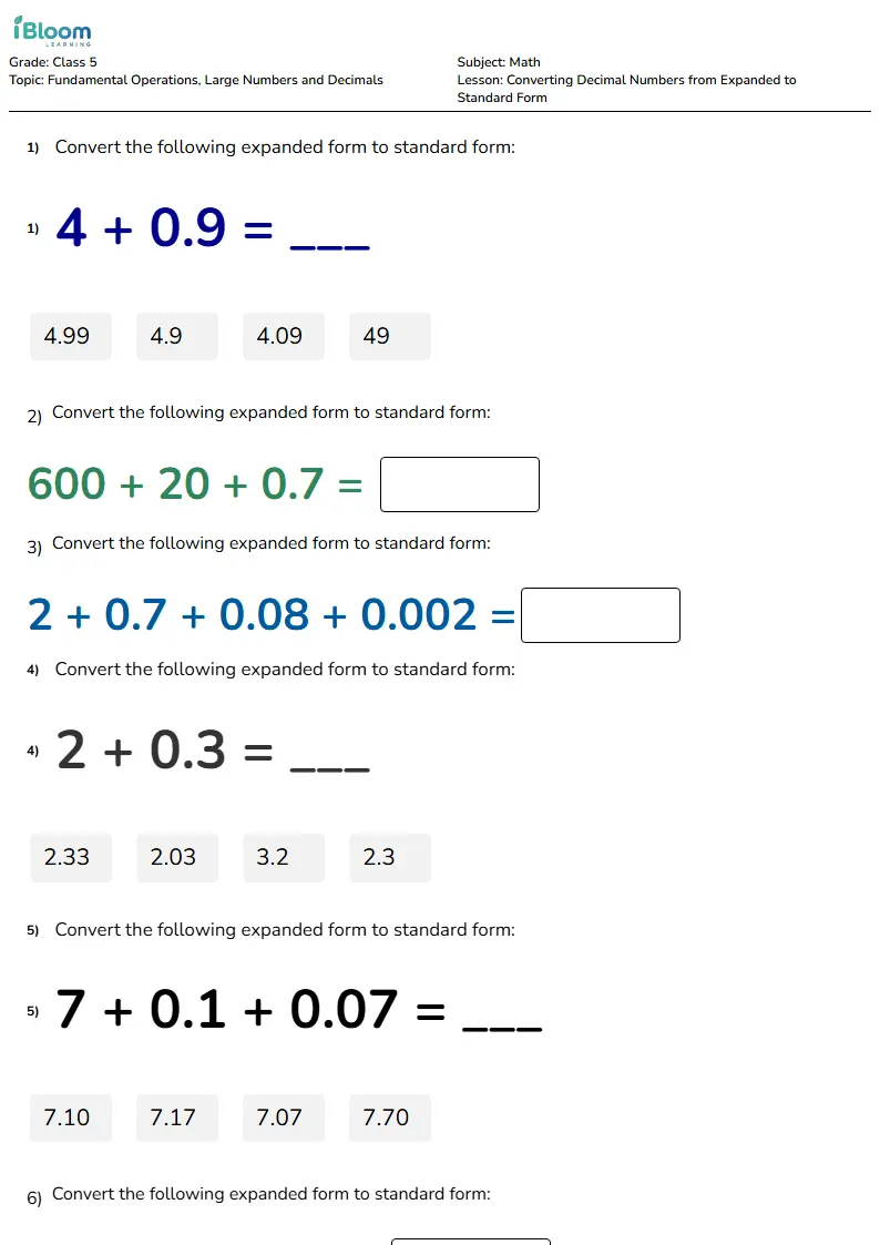 Free Converting Decimal Numbers from Expanded to Standard Form Worksheets for Class 5 | iBloom