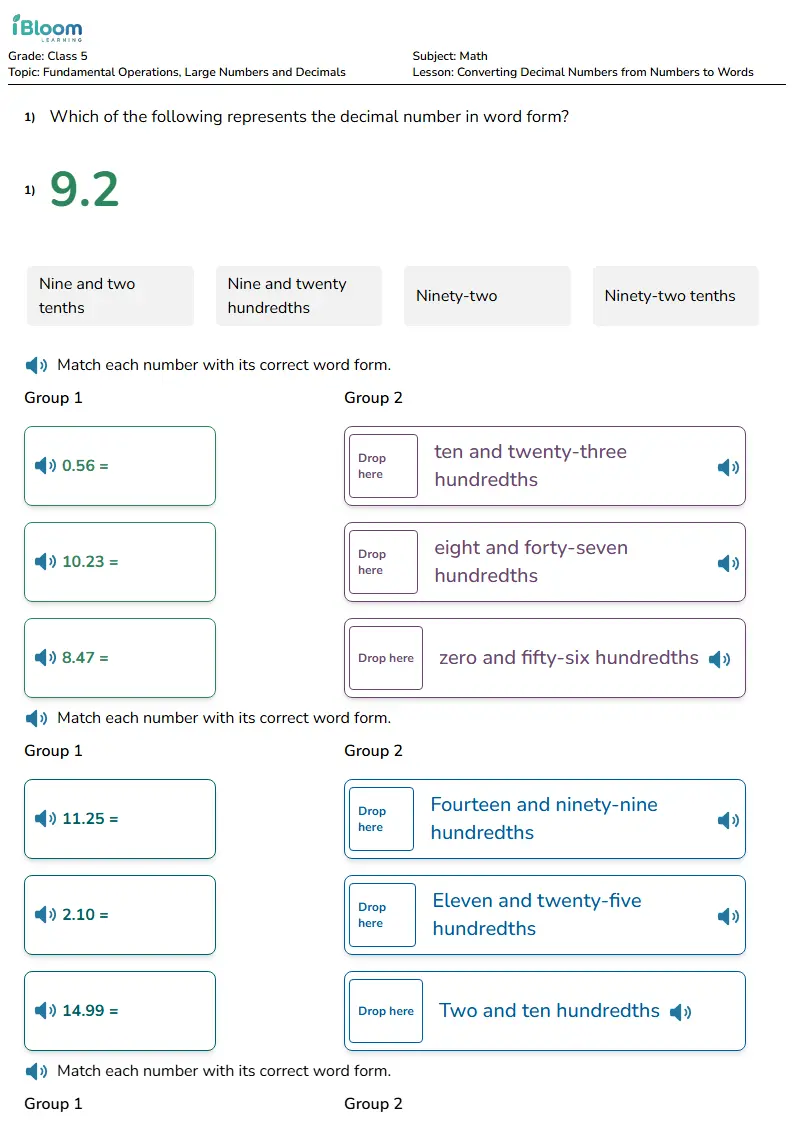 Free Converting Decimal Numbers from Numbers to Words Worksheets for Class 5 | iBloom