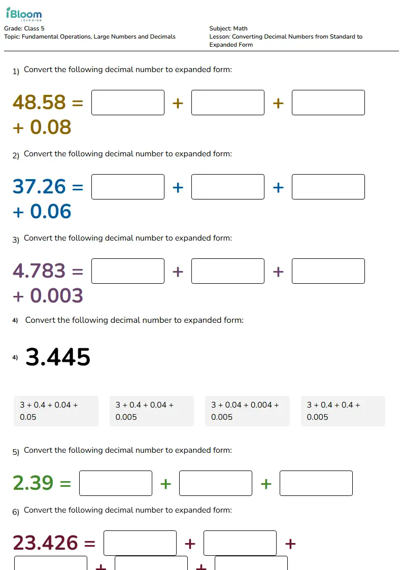 Free Converting Decimal Numbers from Standard to Expanded Form Worksheets for Class 5 | iBloom
