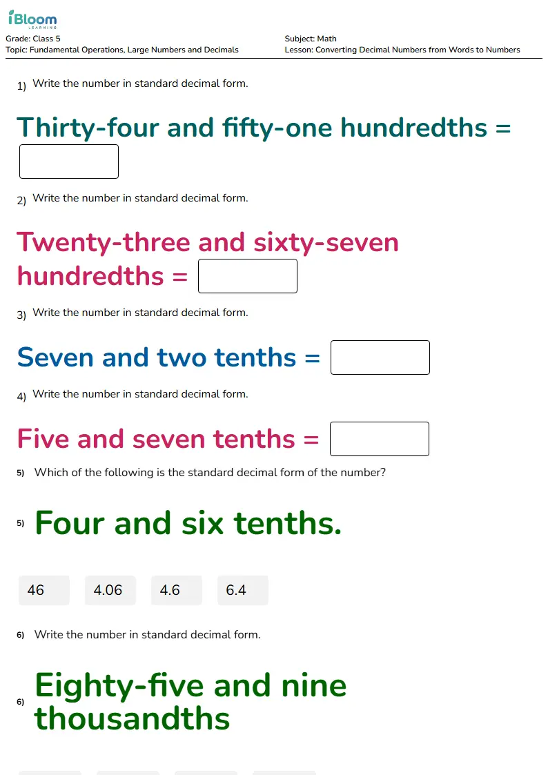 Free Converting Decimal Numbers from Words to Numbers Worksheets for Class 5 | iBloom
