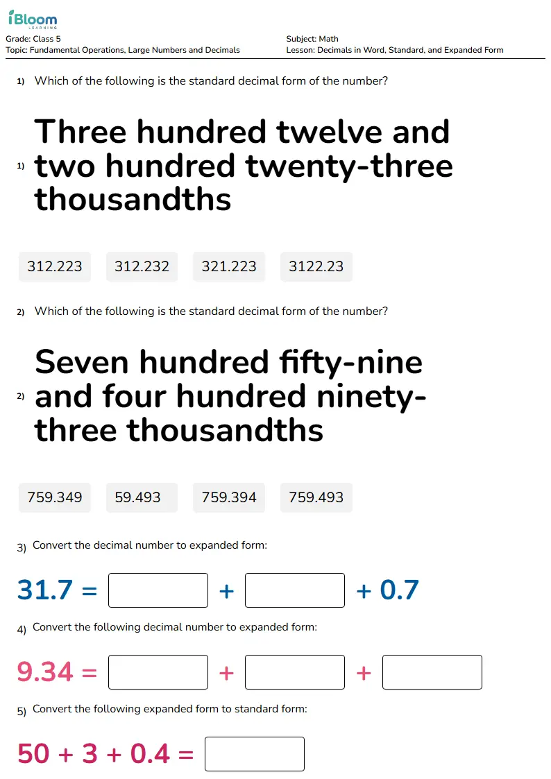Free Decimals in Word, Standard, and Expanded Form Worksheets for Class 5 | iBloom