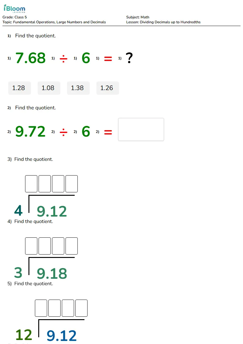 Free Dividing Decimals up to Hundredths Worksheets for Class 5 | iBloom