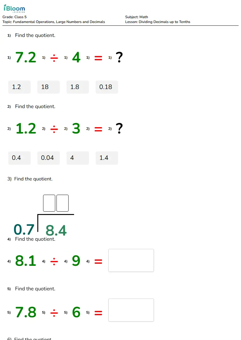 Free Dividing Decimals up to Tenths Worksheets for Class 5 | iBloom