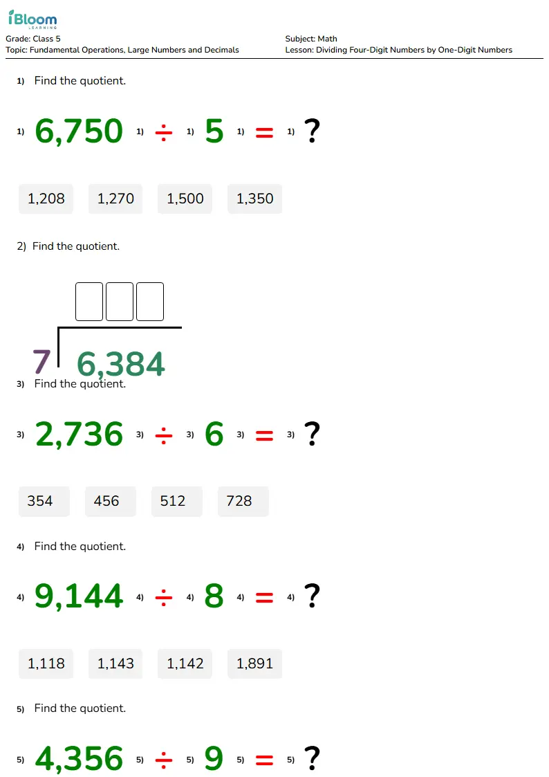 Free Dividing Four-Digit Numbers by One-Digit Numbers Worksheets for Class 5 | iBloom