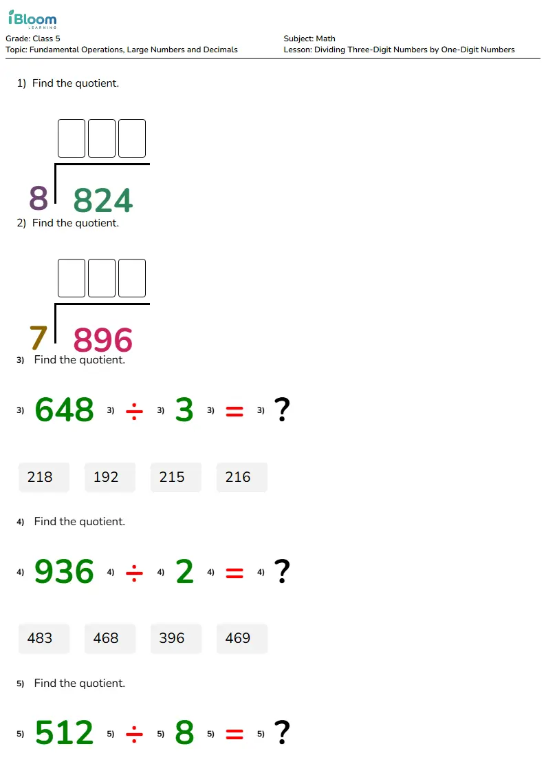 Free Dividing Three-Digit Numbers by One-Digit Numbers Worksheets for Class 5 | iBloom