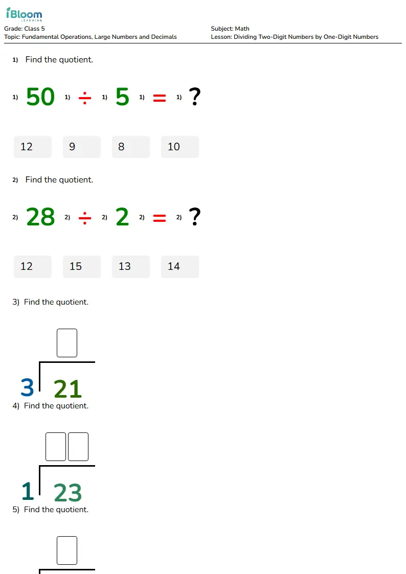 Free Dividing Two-Digit Numbers by One-Digit Numbers Worksheets for Class 5 | iBloom