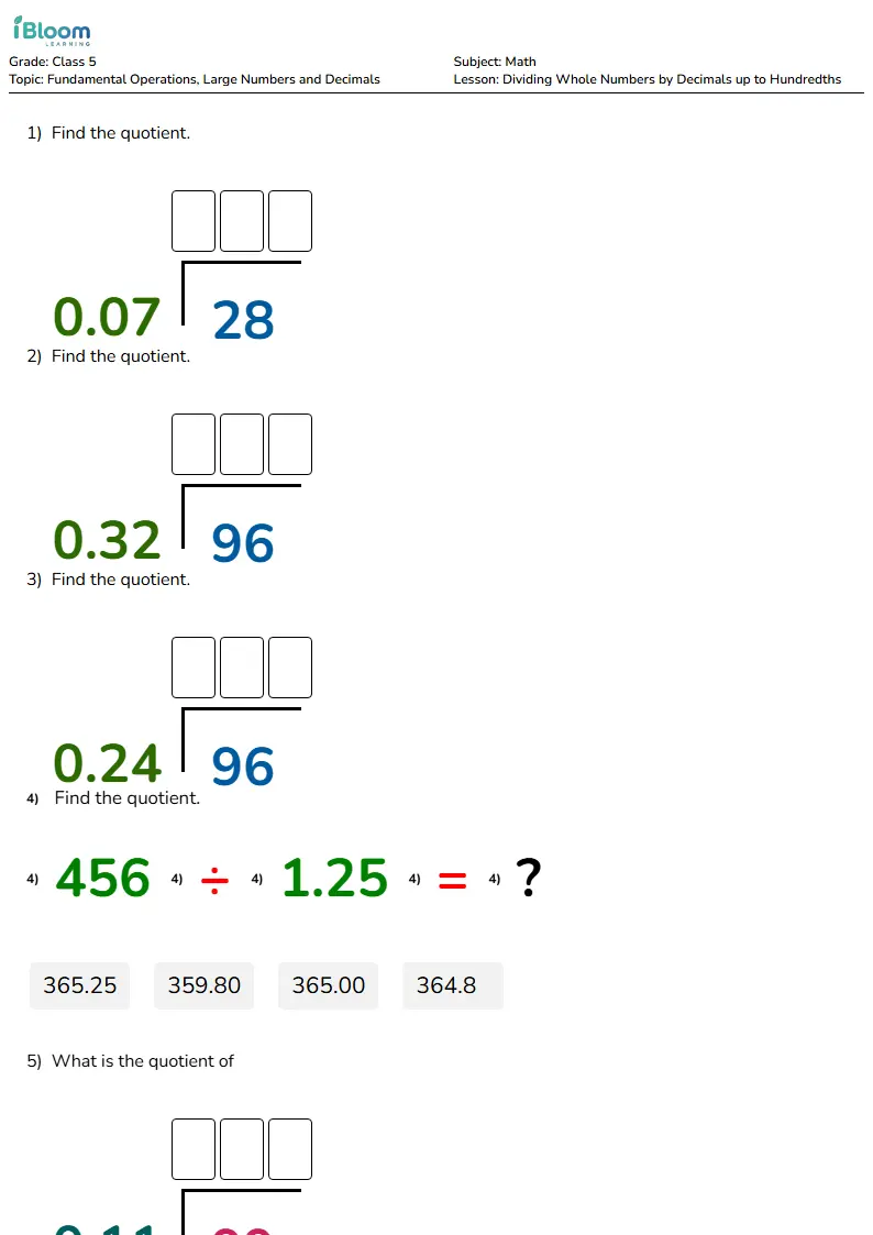 Free Dividing Whole Numbers by Decimals up to Hundredths Worksheets for Class 5 | iBloom