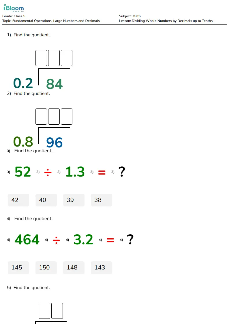 Free Dividing Whole Numbers by Decimals up to Tenths Worksheets for Class 5 | iBloom