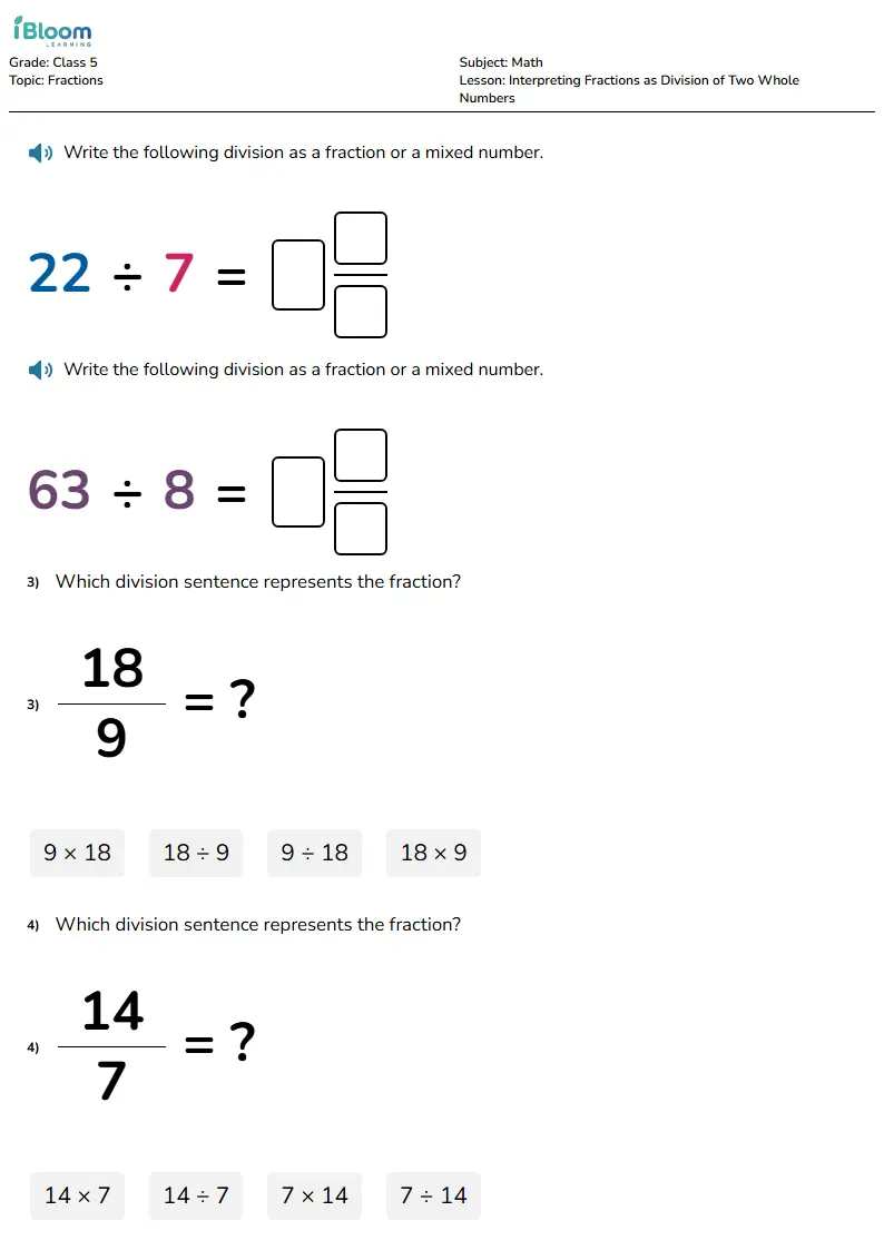 Free Interpreting Fractions as Division of Two Whole Numbers Worksheets for Class 5 | iBloom