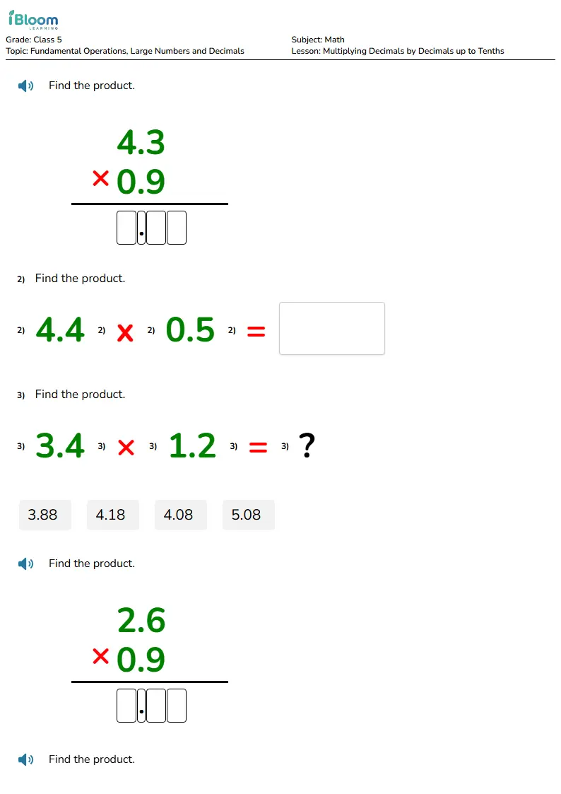 Free Multiplying Decimals by Decimals up to Tenths Worksheets for Class 5 | iBloom