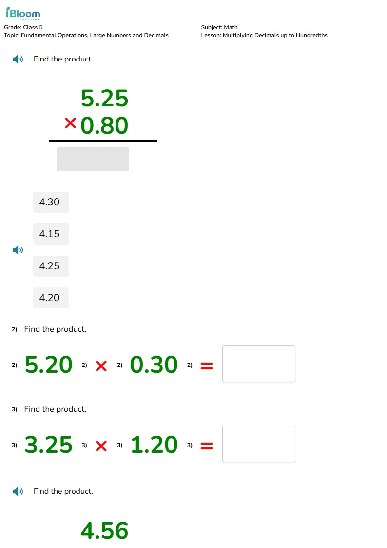 Free Multiplying Decimals up to Hundredths Worksheets for Class 5 | iBloom