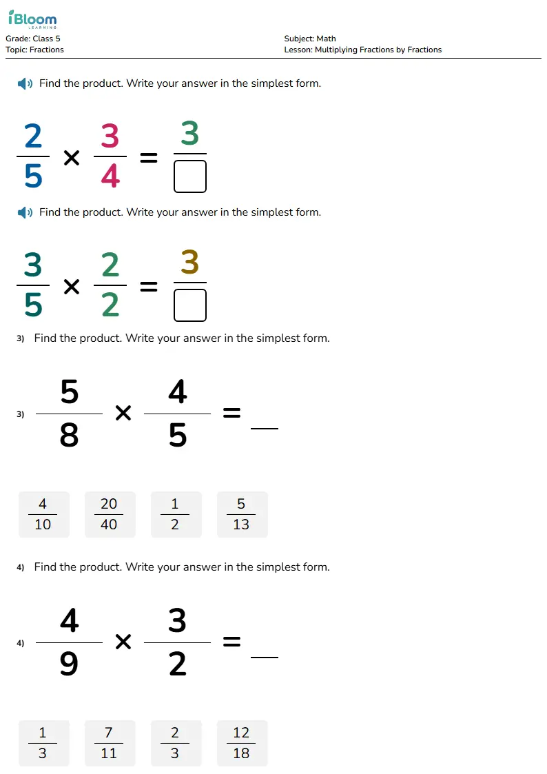 Free Multiplying Fractions by Fractions Worksheets for Class 5 | iBloom