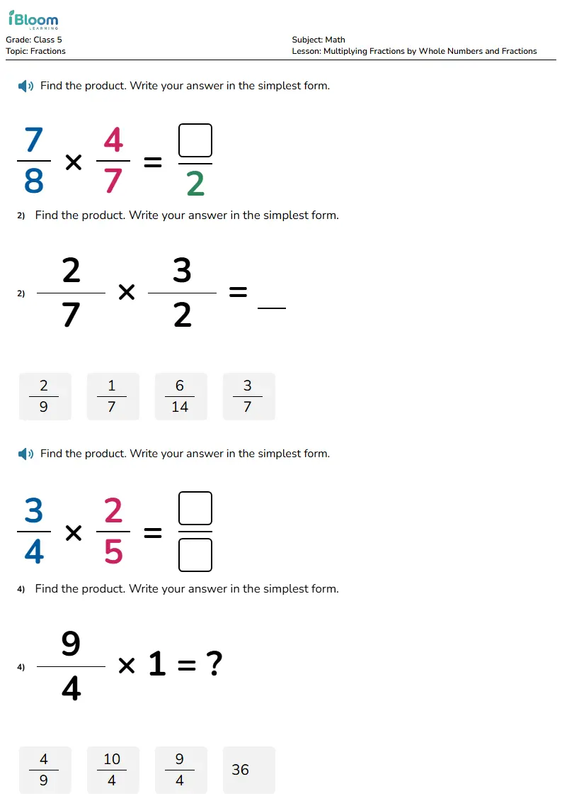 Free Multiplying Fractions by Whole Numbers and Fractions Worksheets for Class 5 | iBloom