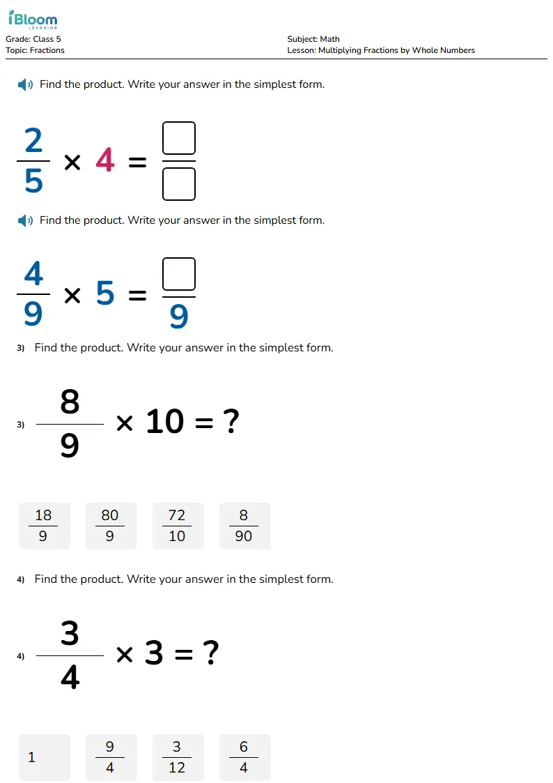 Free Multiplying Fractions by Whole Numbers Worksheets for Class 5 | iBloom