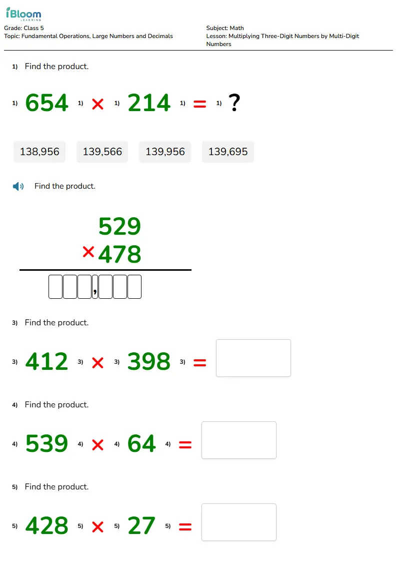 Free Multiplying Three-Digit Numbers by Multi-Digit Numbers Worksheets for Class 5 | iBloom