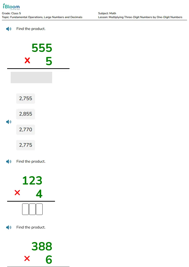 Free Multiplying Three-Digit Numbers by One-Digit Numbers Worksheets for Class 5 | iBloom