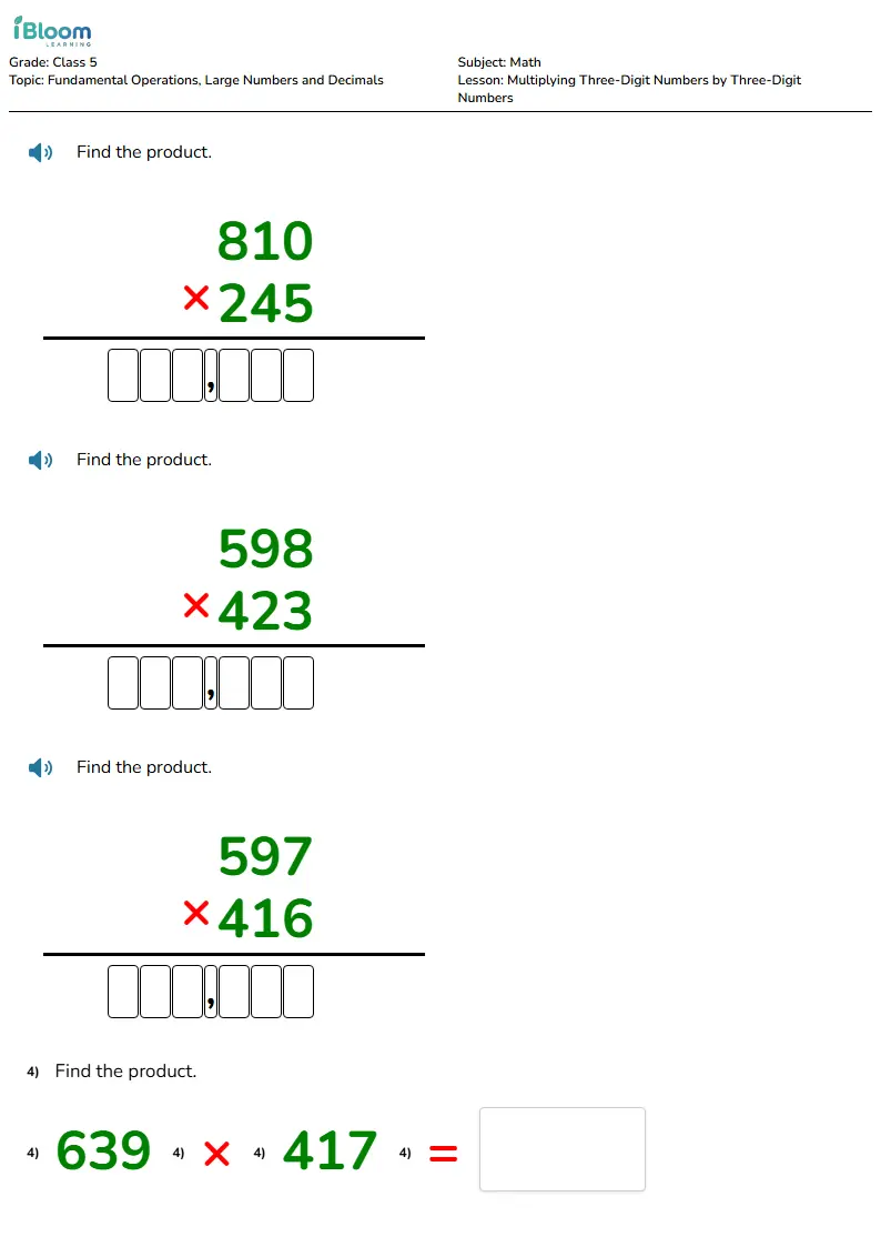 Free Multiplying Three-Digit Numbers by Three-Digit Numbers Worksheets for Class 5 | iBloom