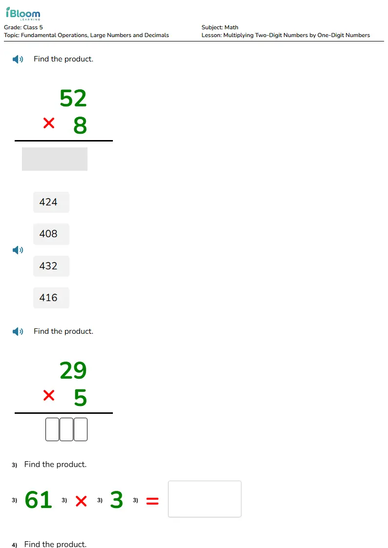 Free Multiplying Two-Digit Numbers by One-Digit Numbers Worksheets for Class 5 | iBloom