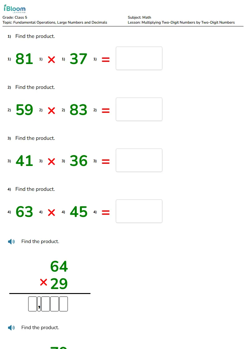 Free Multiplying Two-Digit Numbers by Two-Digit Numbers Worksheets for Class 5 | iBloom