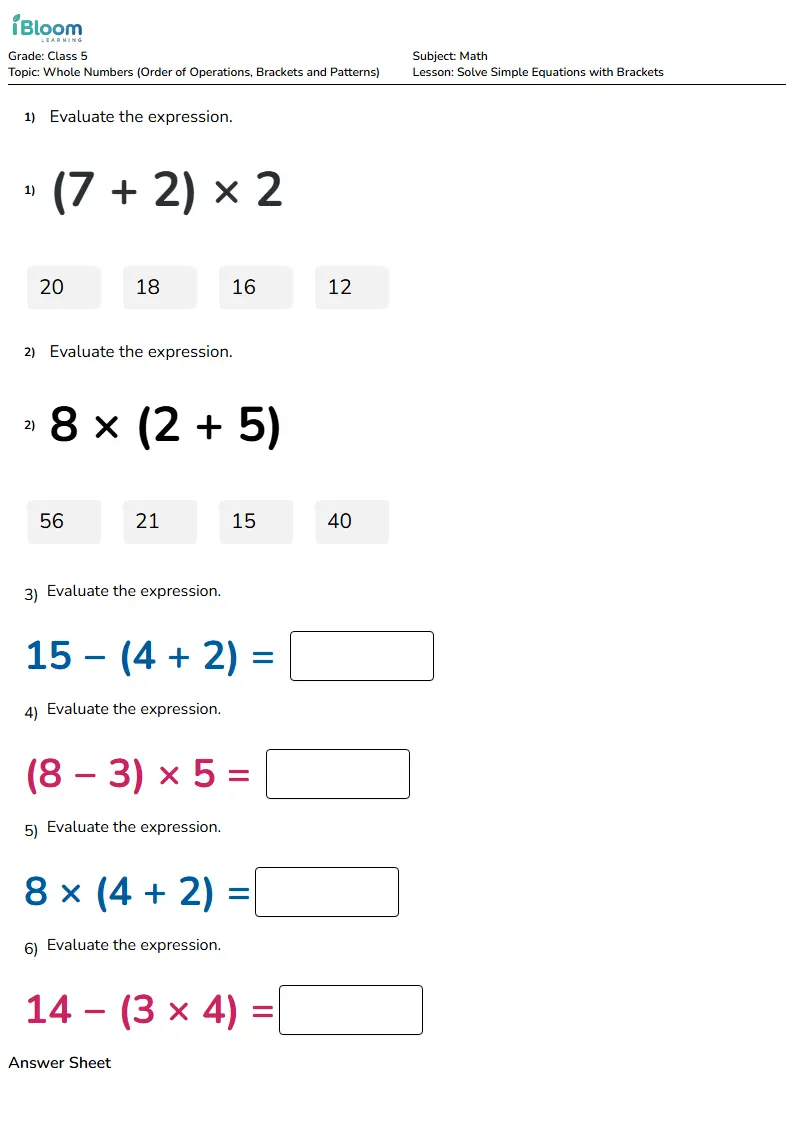 Free Solve Simple Equations with Brackets Worksheets for Class 5 | iBloom