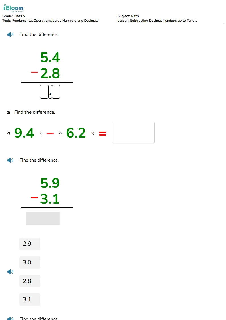 Free Subtracting Decimal Numbers up to Tenths Worksheets for Class 5 | iBloom