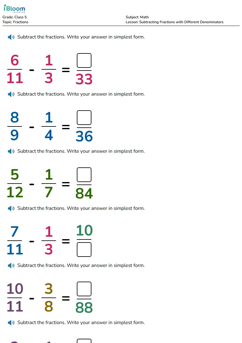 Free Subtracting Fractions with Different Denominators Worksheets for Class 5 | iBloom