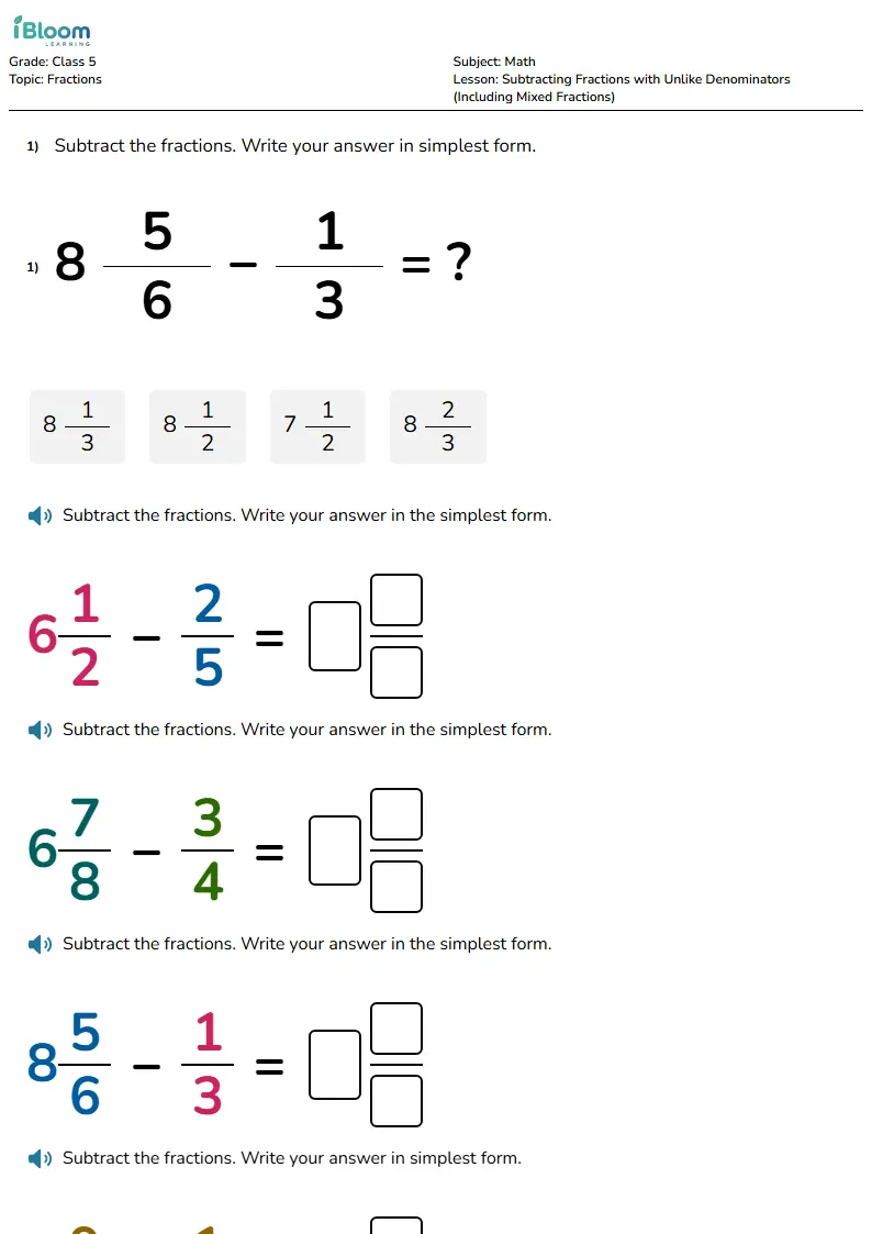 Free Subtracting Fractions with Unlike Denominators (Including Mixed Fractions) Worksheets for Class 5 | iBloom