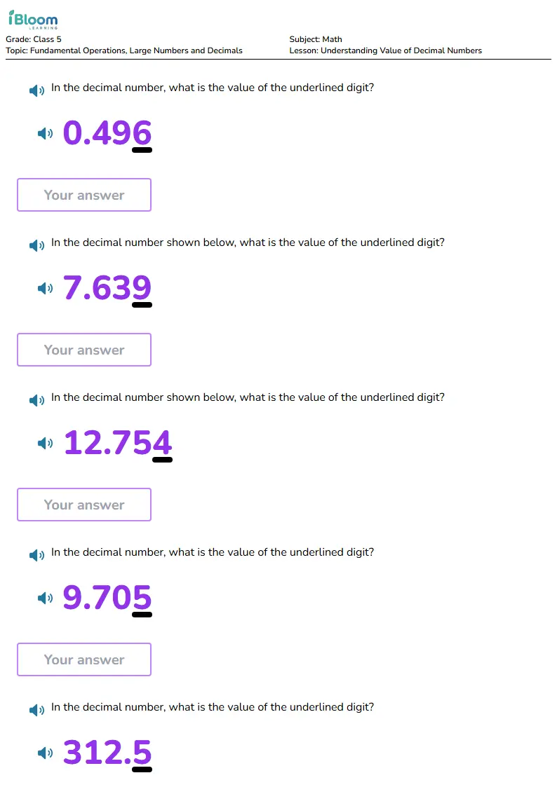 Free Understanding Value of Decimal Numbers Worksheets for Class 5 | iBloom