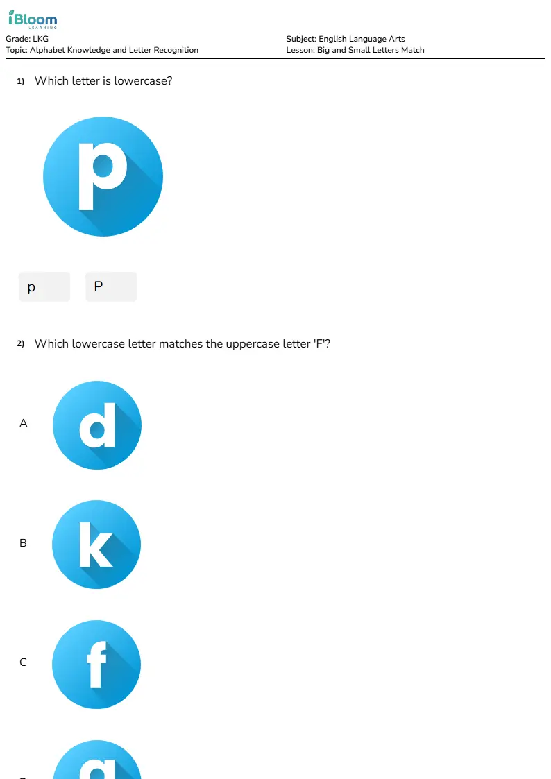 Free Big and Small Letters Match Worksheets for Lkg | iBloom