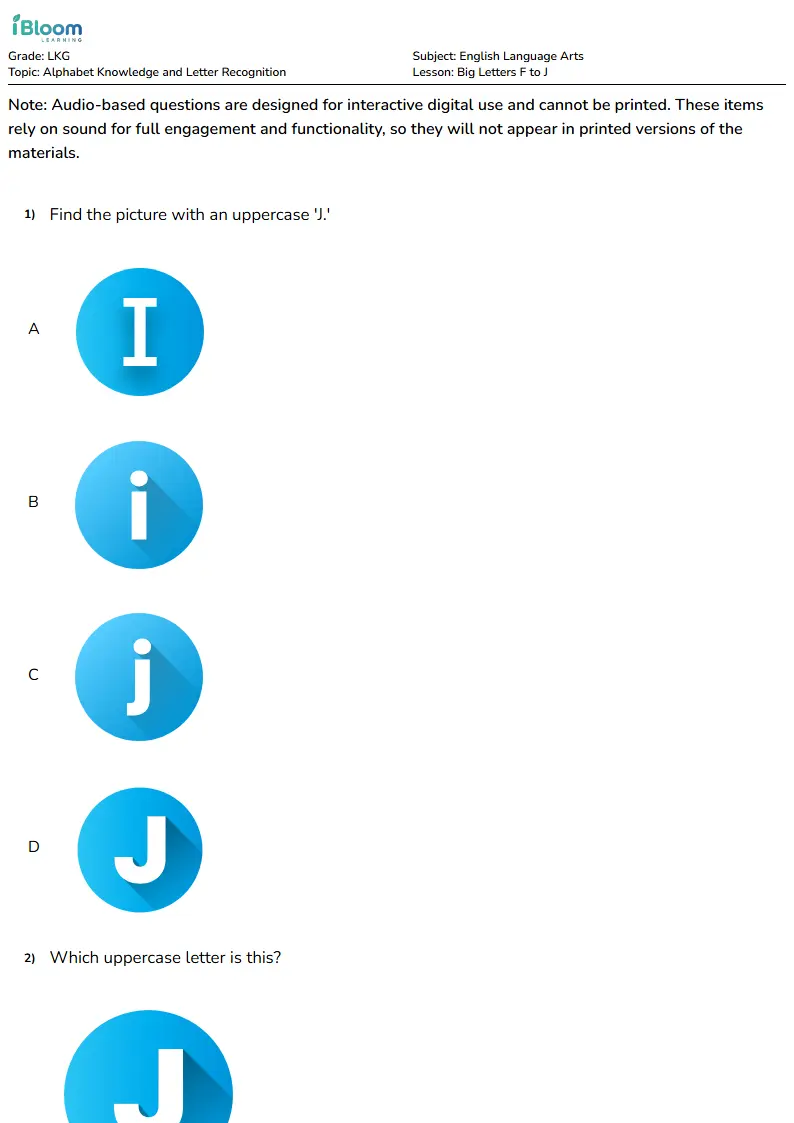 Free Big Letters F to J Worksheets for Lkg | iBloom