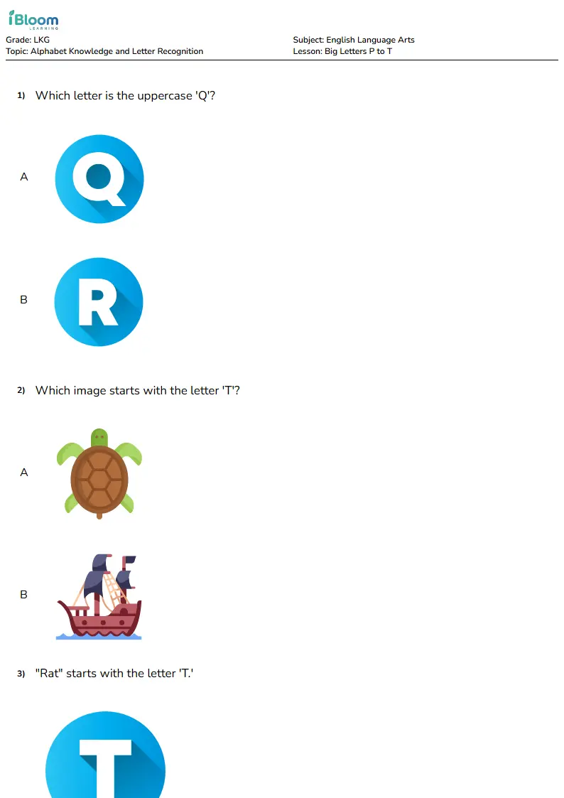 Free Big Letters P to T Worksheets for Lkg | iBloom
