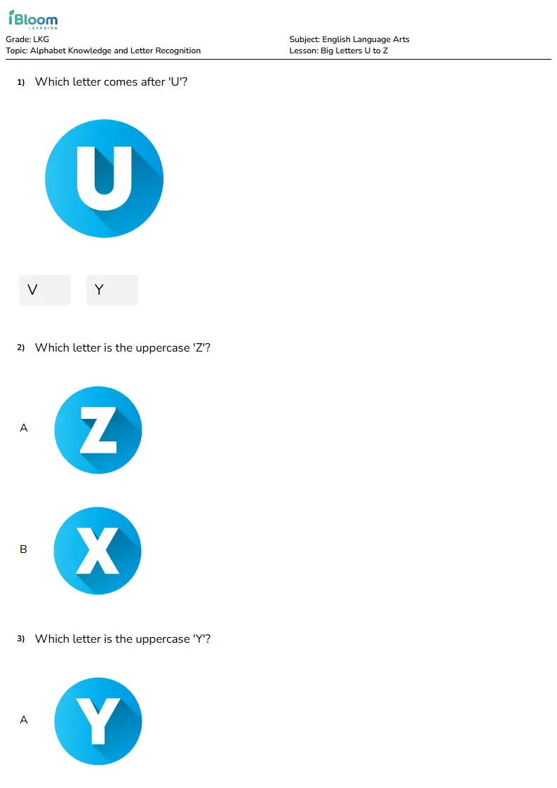 Free Big Letters U to Z Worksheets for Lkg | iBloom