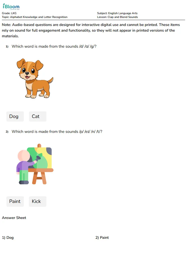 Free Clap and Blend Sounds Worksheets for Lkg | iBloom