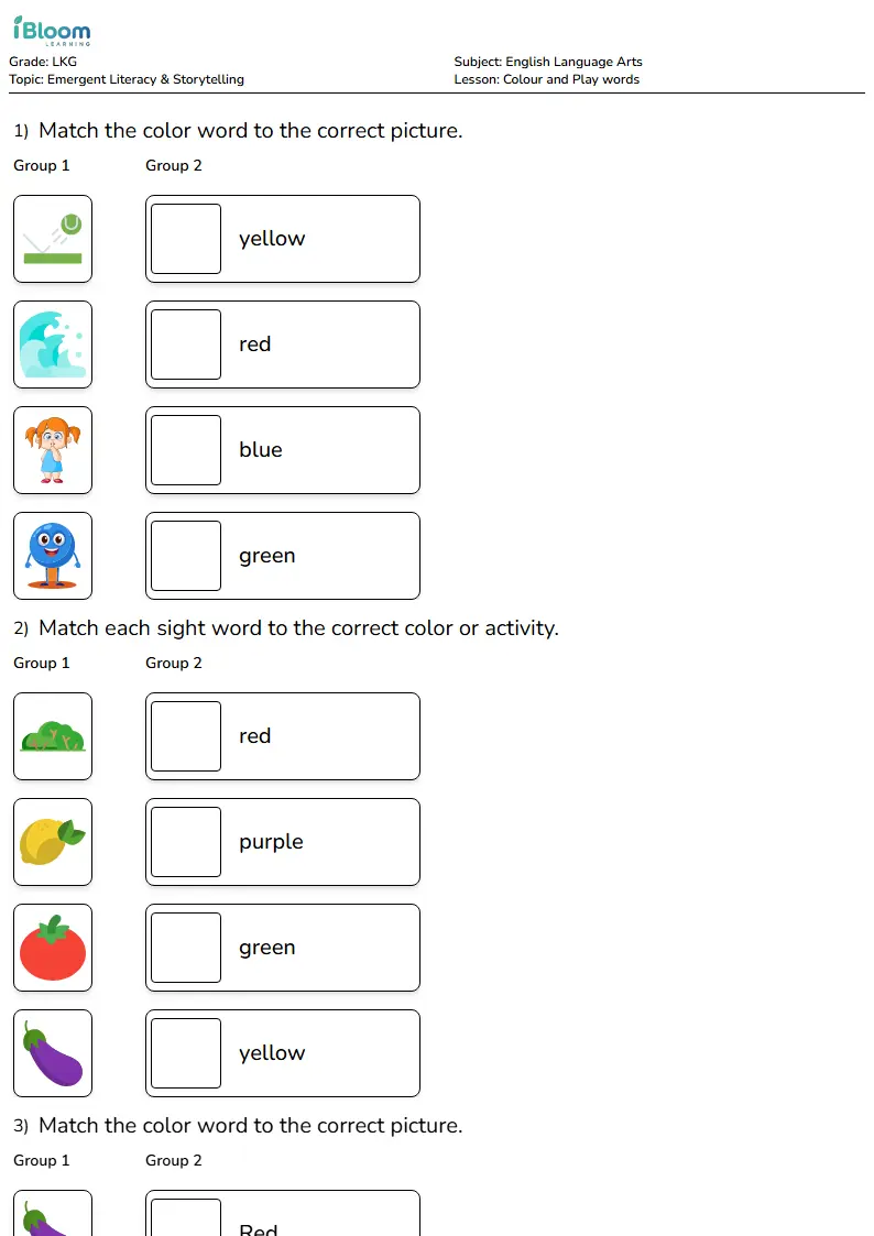 Free Colour and Play words Worksheets for Lkg | iBloom